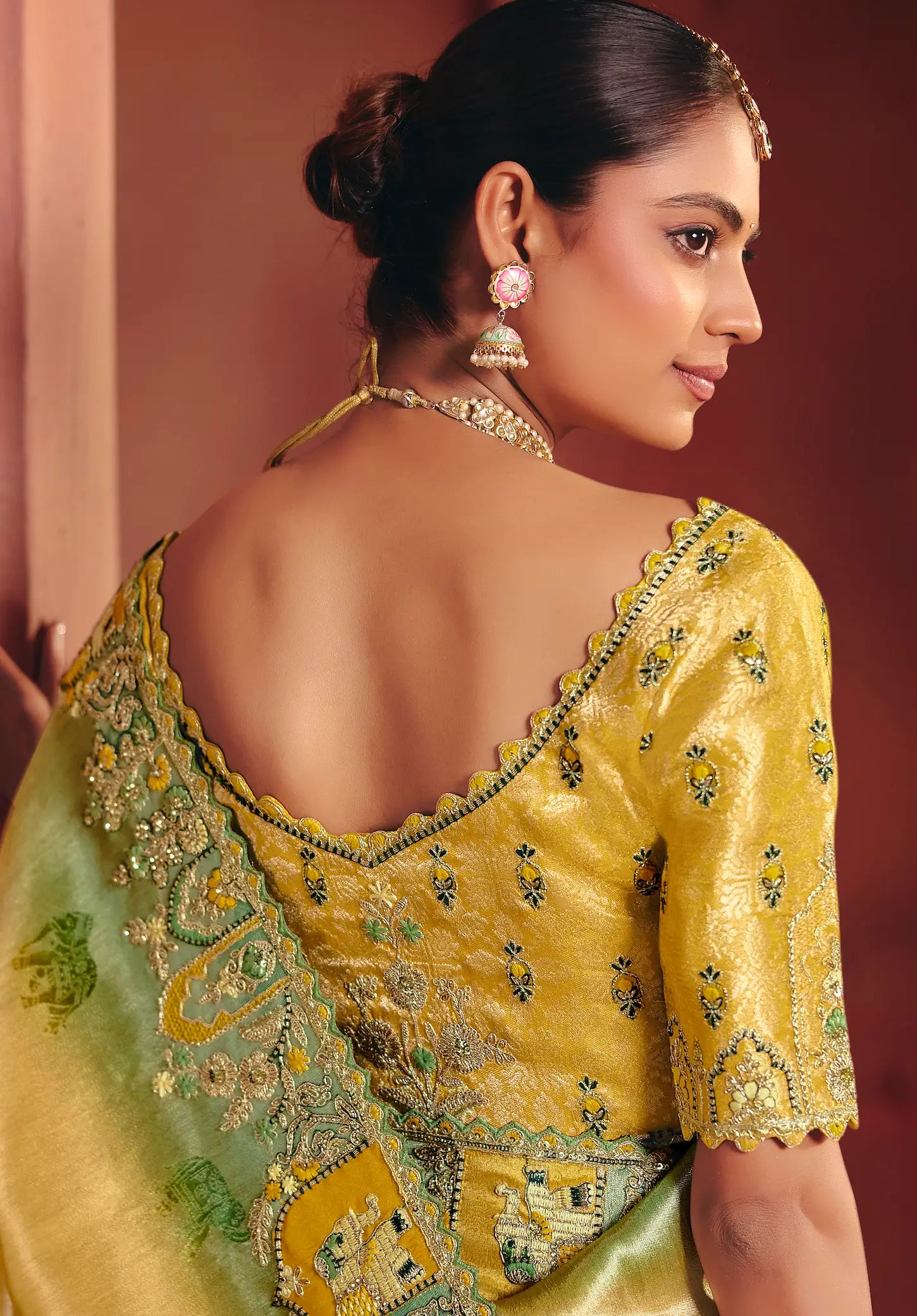Mustard Gold Zari Silk Heavy Embroidery Saree