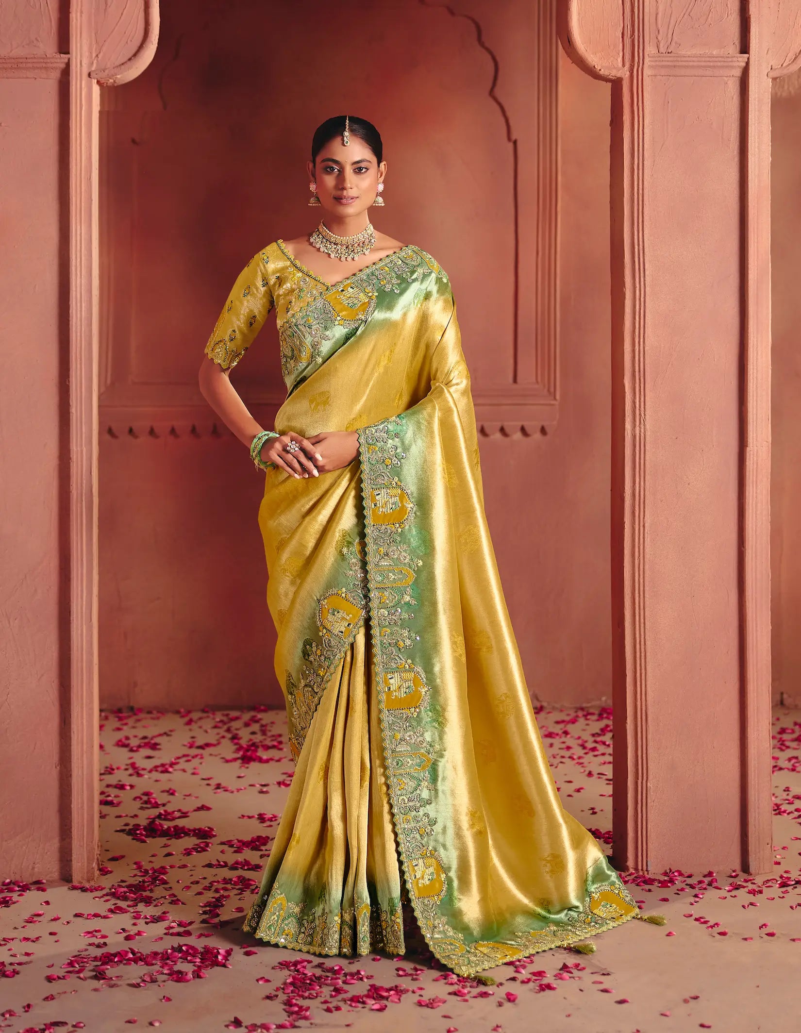 Mustard Gold Zari Silk Heavy Embroidery Saree