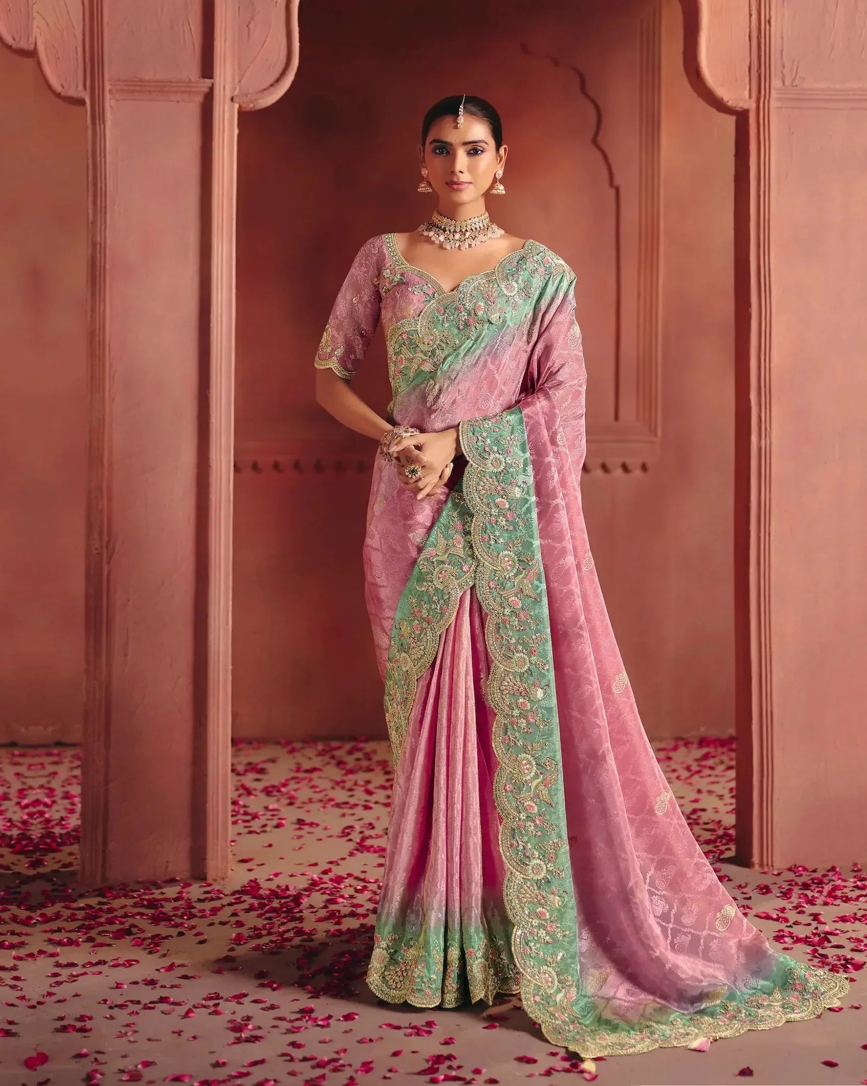 Blush Pink Zari Silk Heavy Embroidery Saree