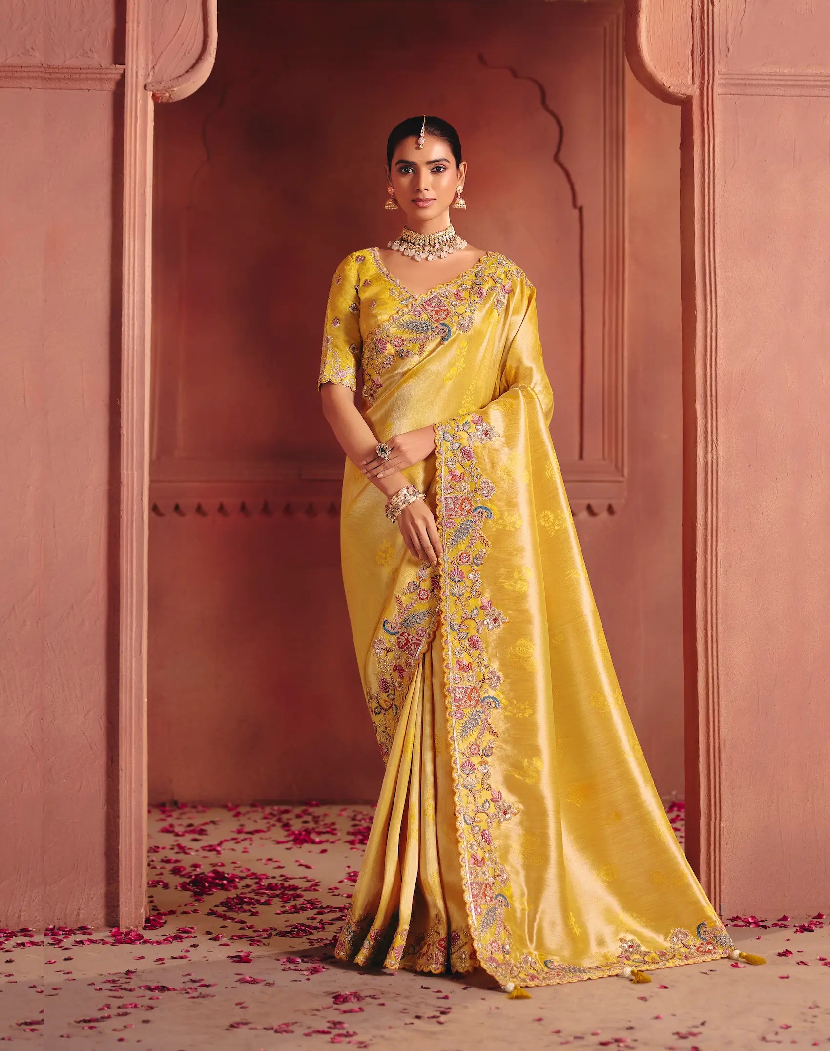 Bright Mustard Zari Silk Heavy Embroidery Saree