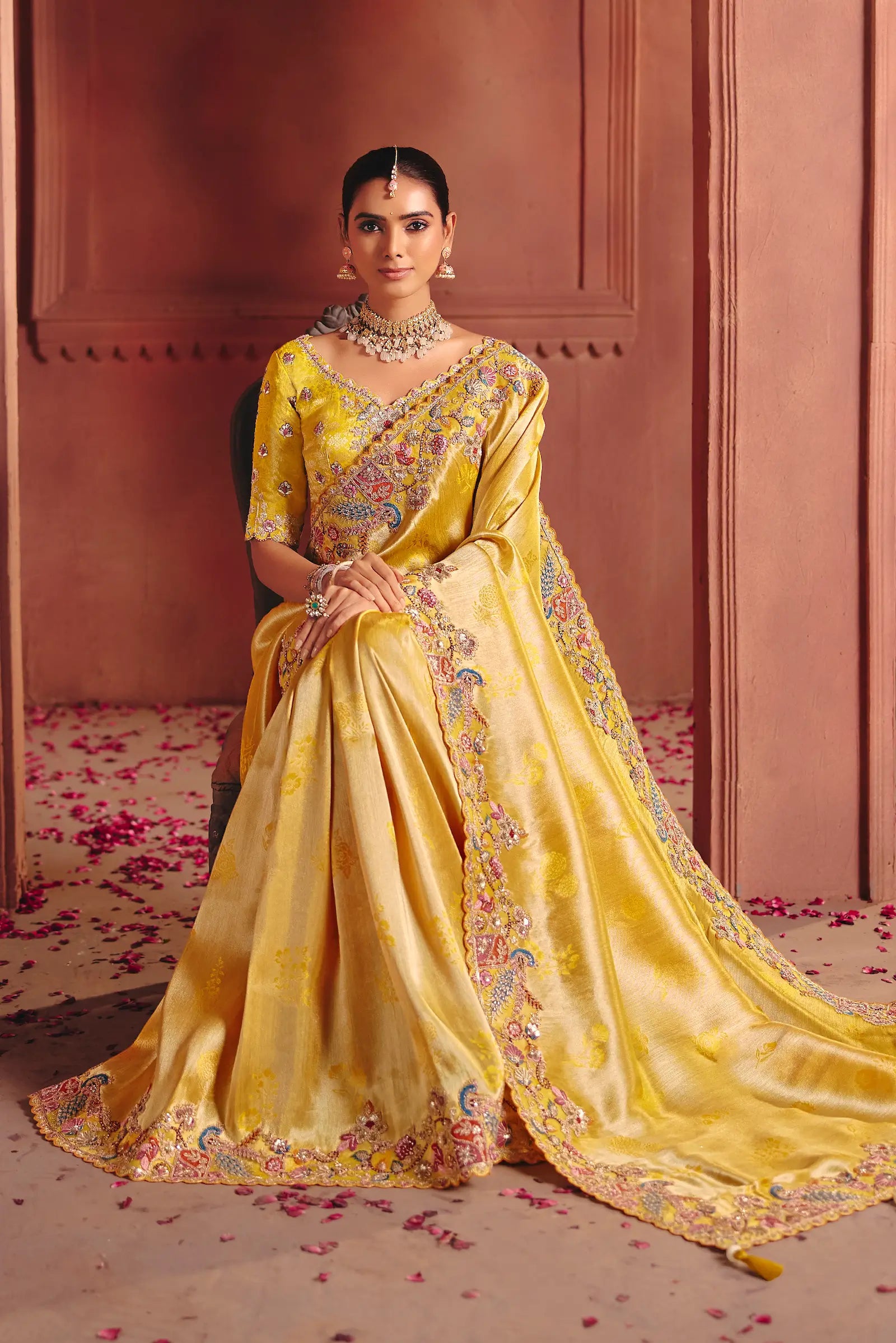 Bright Mustard Zari Silk Heavy Embroidery Saree