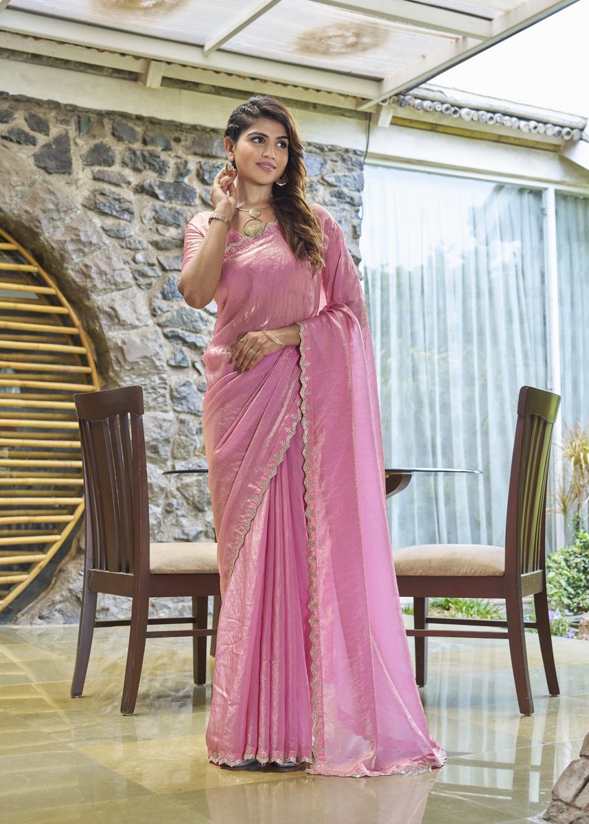 Pink Satin Silk Handwork Saree with intricate zarkan work embroidery