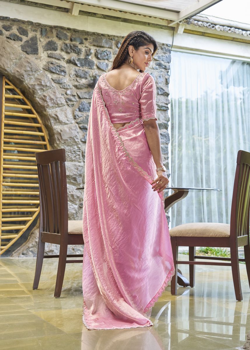 Pink satin silk saree with exquisite handwork or zarkan work embroidery