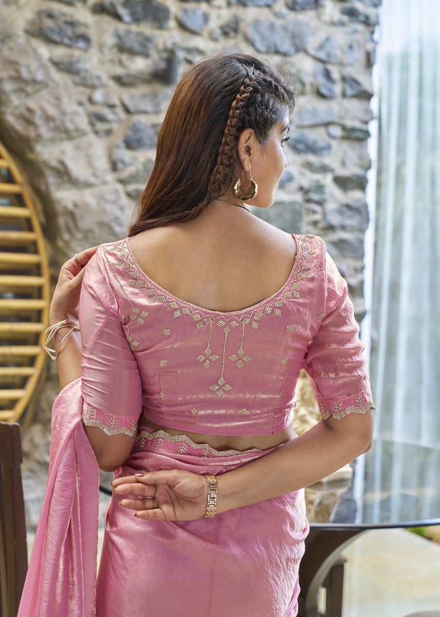 Pink Satin Silk Handwork Or Zarkan Work Saree with intricate embroidery details