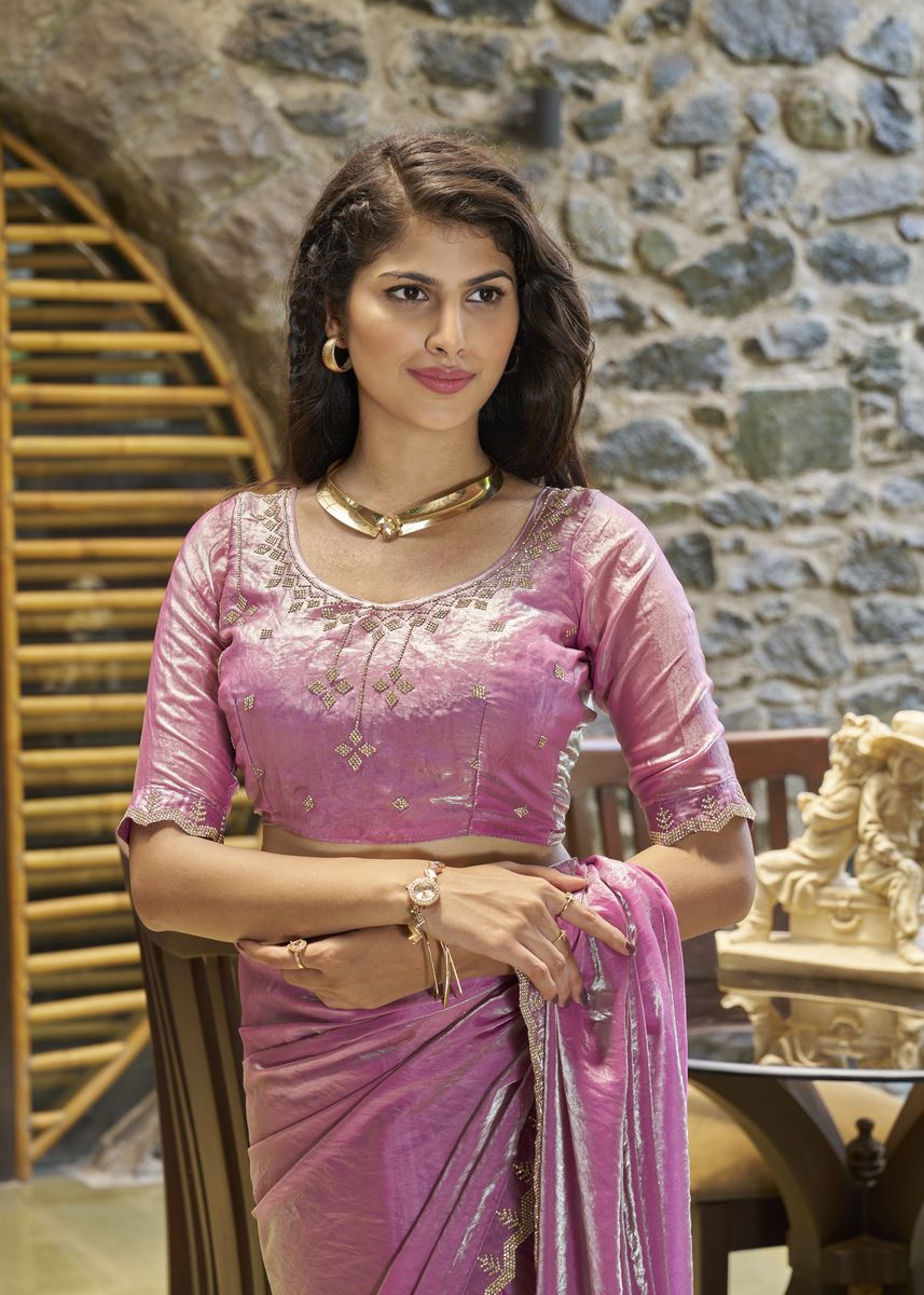 Lotus Pink Satin Silk Handwork Or Zarkan Work Saree, ideal for Festival Wear and Party Wear Elevate your style with this stunning saree from Qivii, where customer satisfaction is our top priority