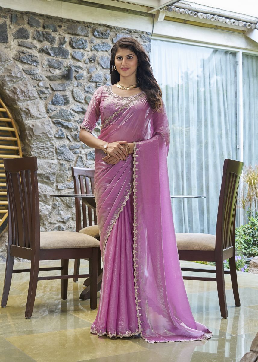 Lotus Pink Satin Silk Handwork Or Zarkan Work Saree with NC Satin Silk Handwork Or Zarkan Work fabric for Festival Wear and Party Wear occasions Elevate your experience with Qivii: Where customer satisfaction, swift delivery, and guaranteed quality converge