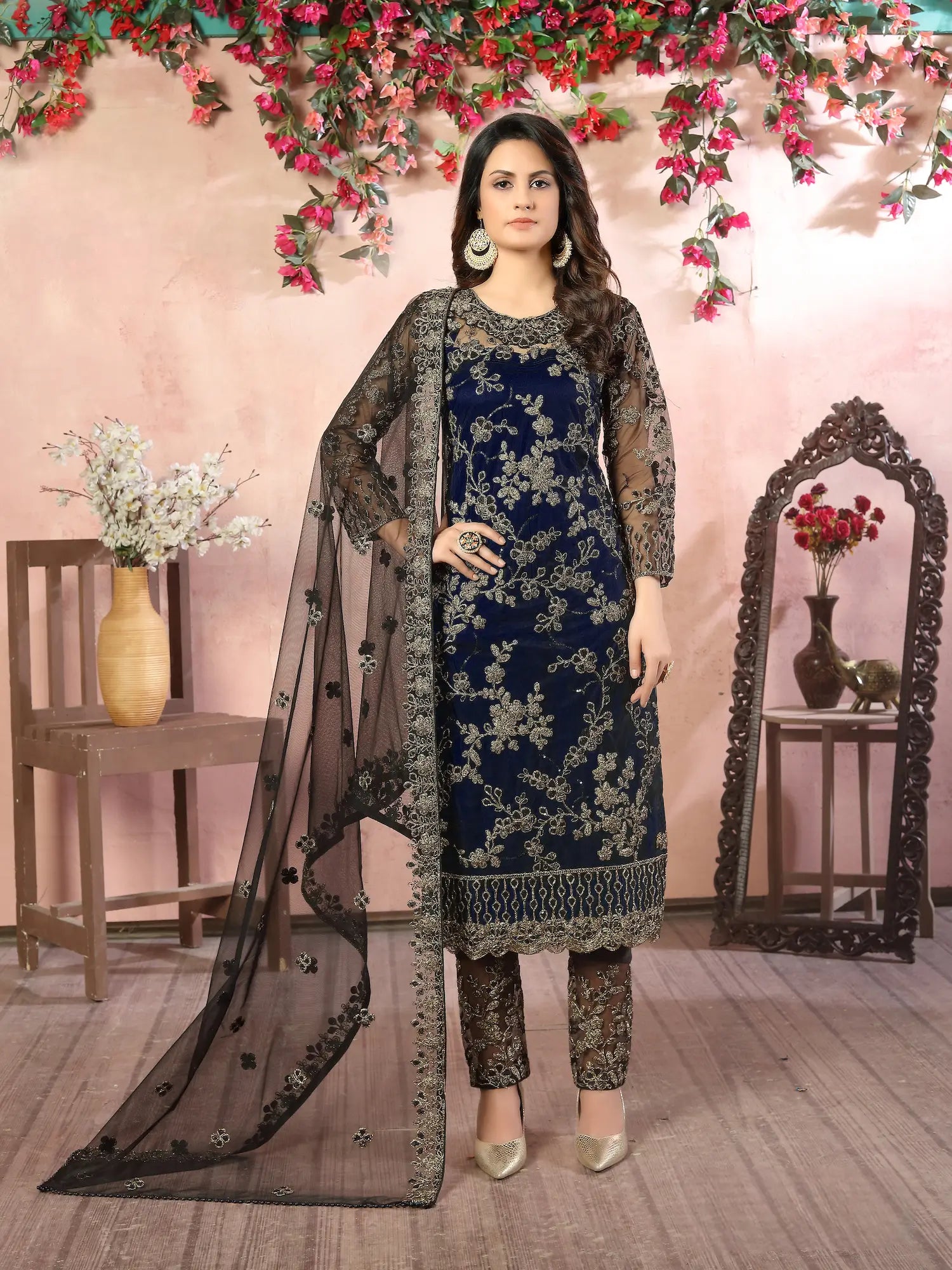 Navy Blue Net Thread & Sequence Embroidery Work Salwar Suit - qivii