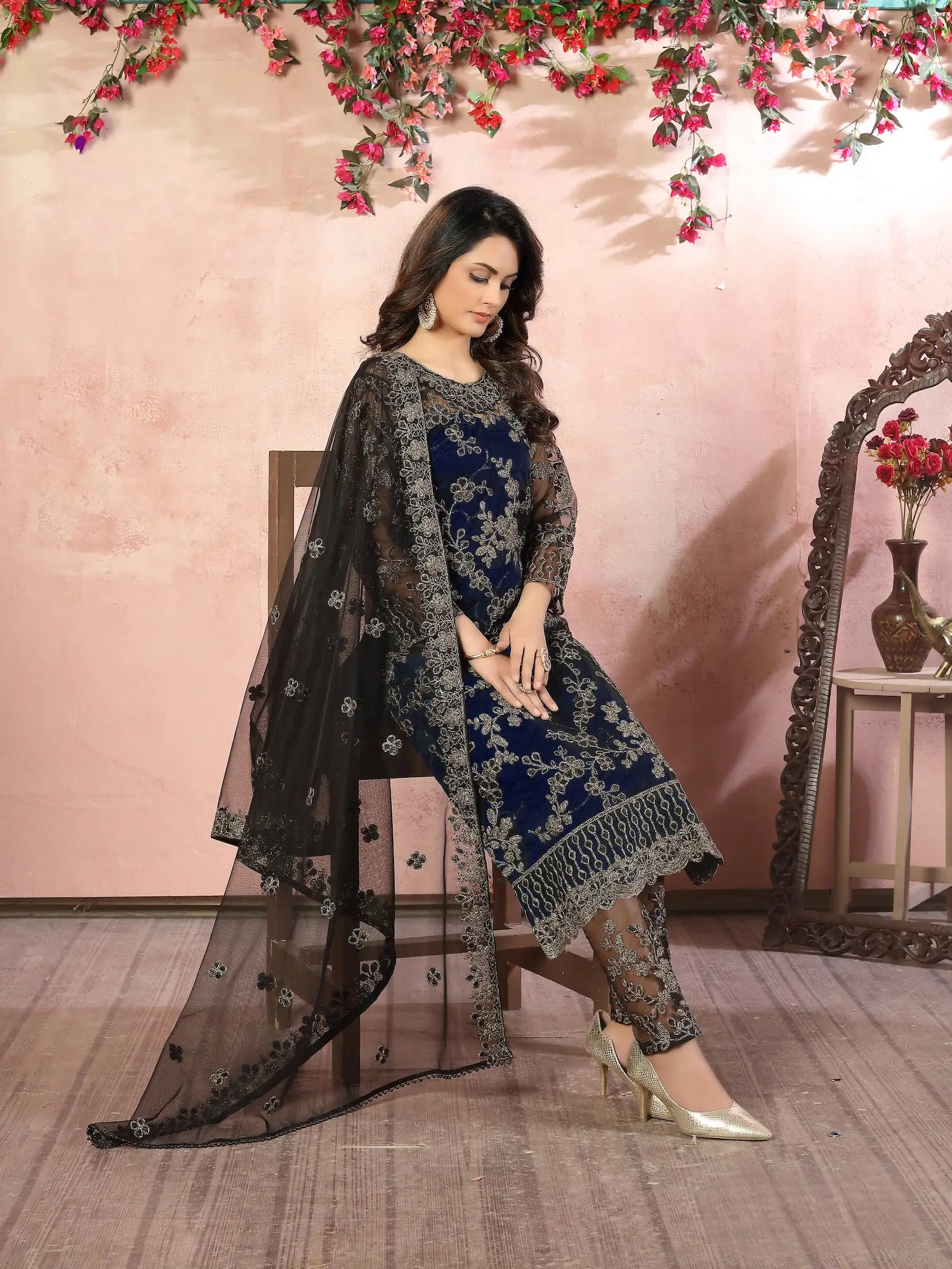 Navy Blue Net Thread & Sequence Embroidery Work Salwar Suit