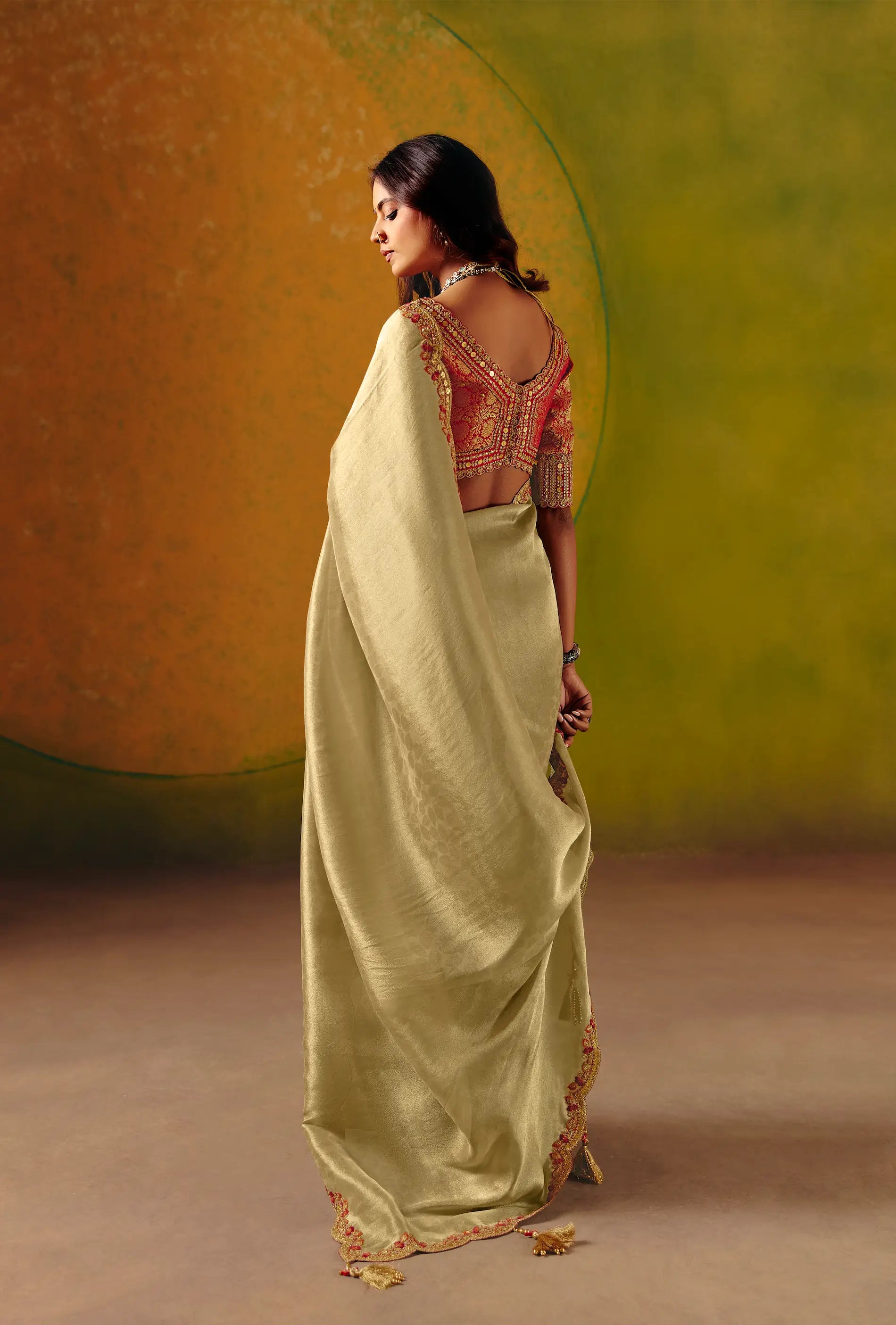 Golden Beige Zari Silk Embroidery Saree