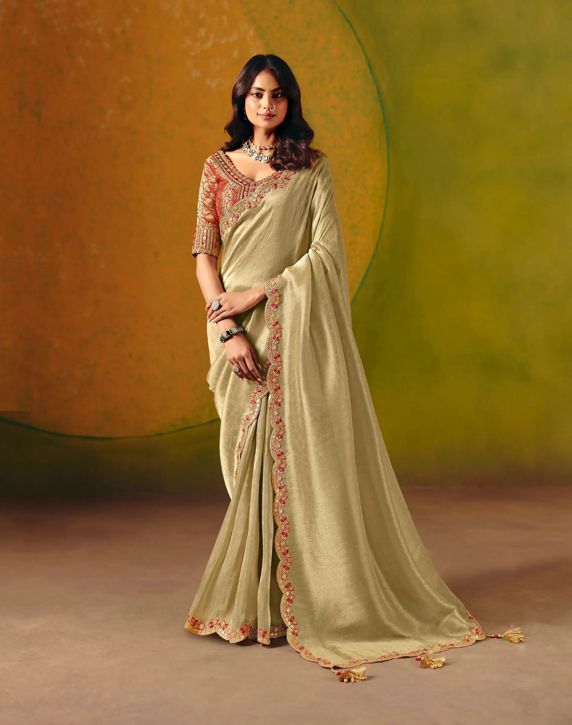 Golden Beige Zari Silk Embroidery Saree