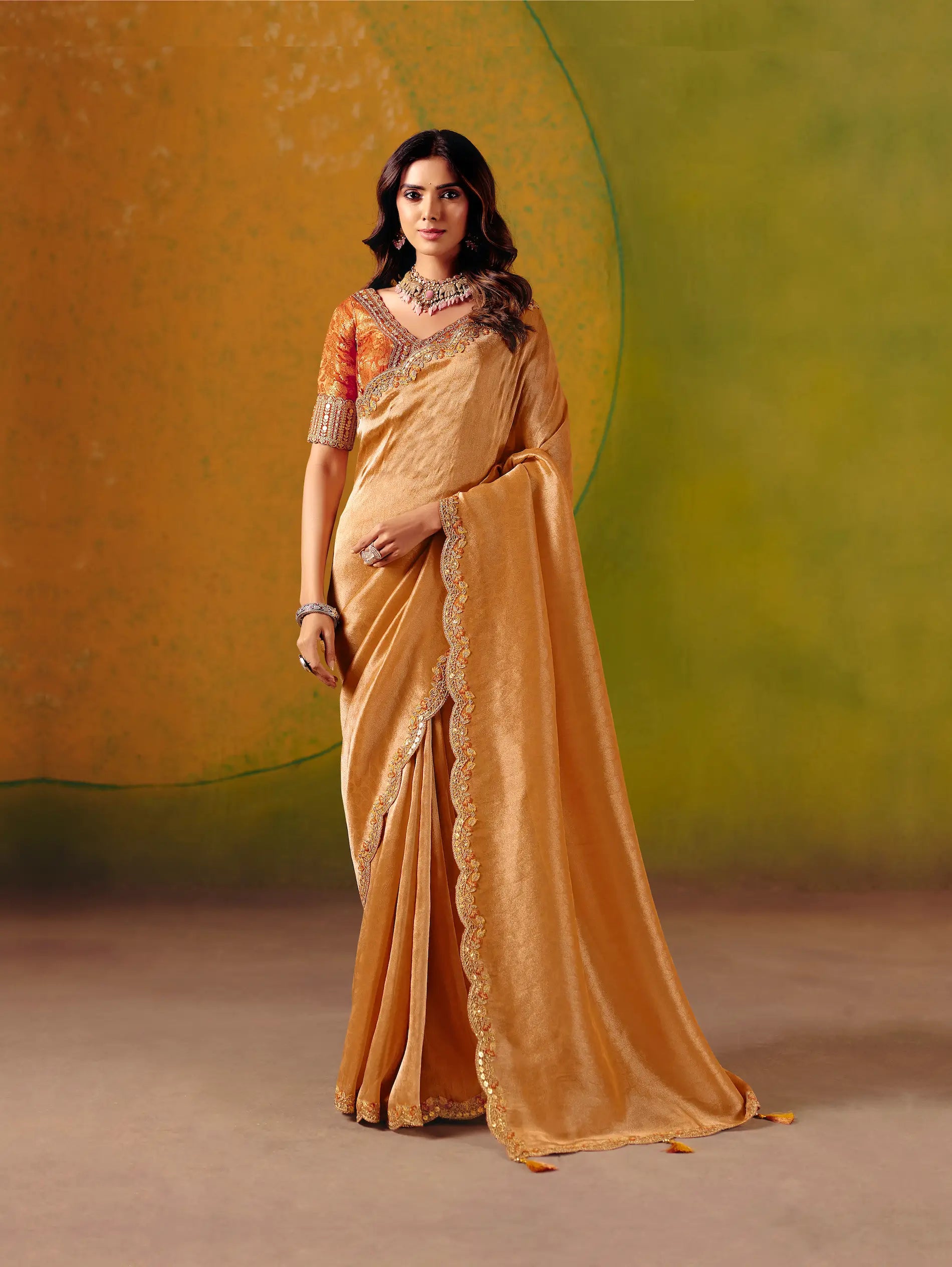 Copper Orange Zari Silk Embroidery Saree