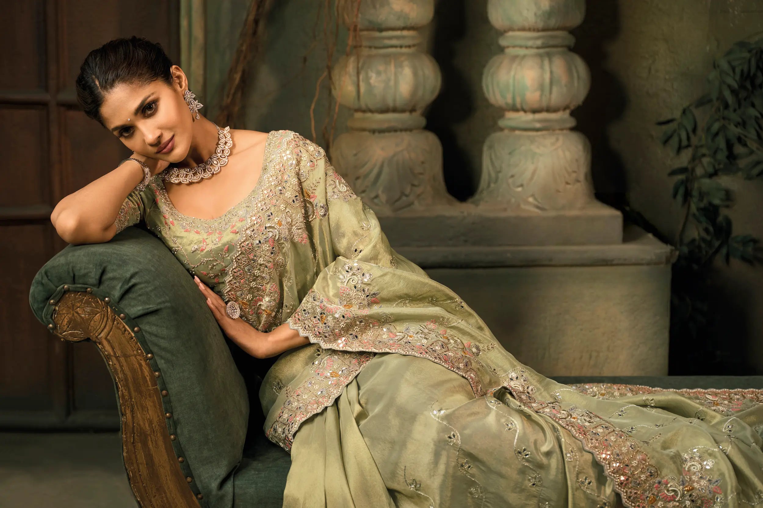 Pastel Green Silk Heavy Embroidery Saree