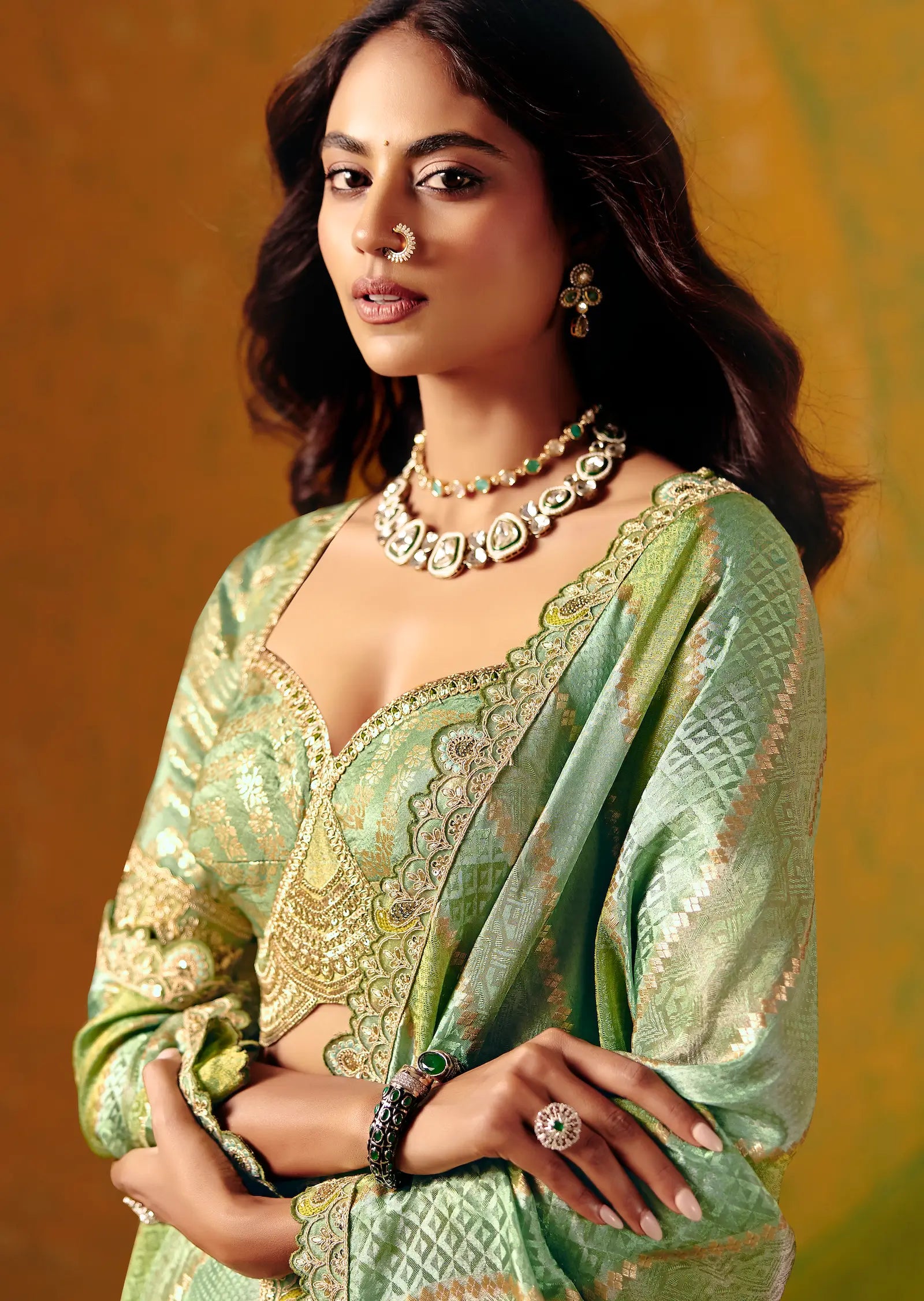 Pastel Green Jacquard Silk Embroidery Saree