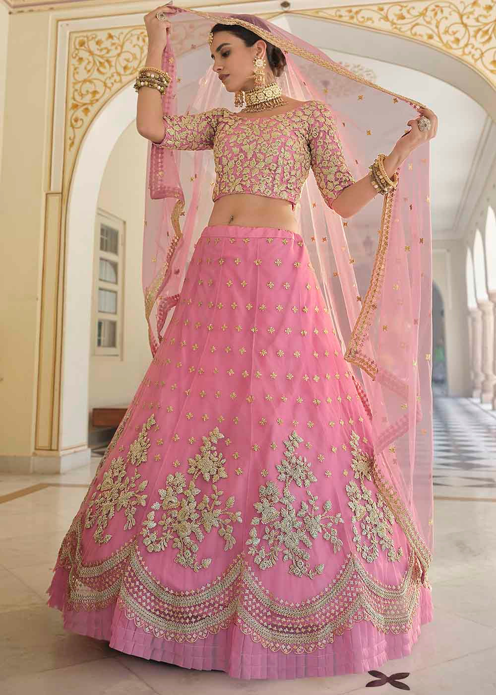 French Rose Pink Soft Net Lehenga Choli with Dori & Sequins work | Ready To Wear - qivii