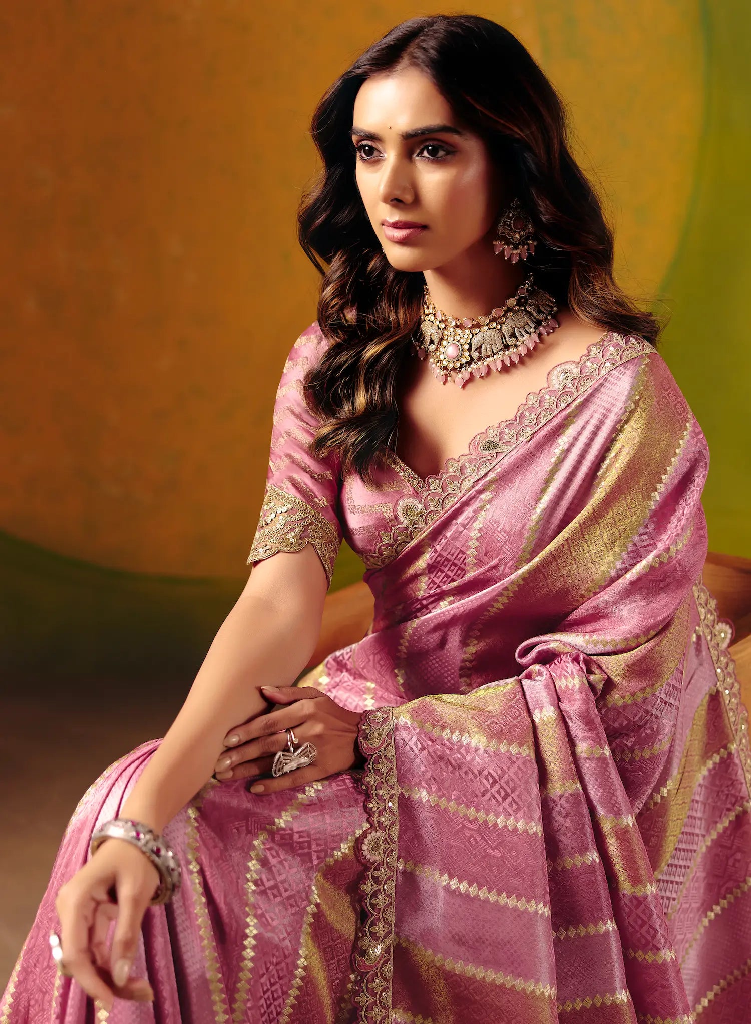 Tulip Pink Jacquard Silk Embroidery Saree