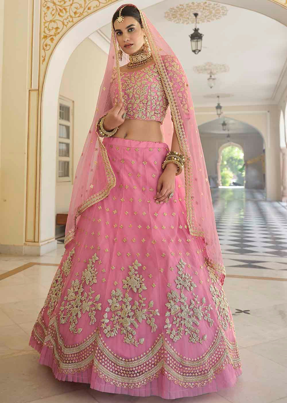 French Rose Pink Soft Net Lehenga Choli with Dori & Sequins work | Ready To Wear - qivii