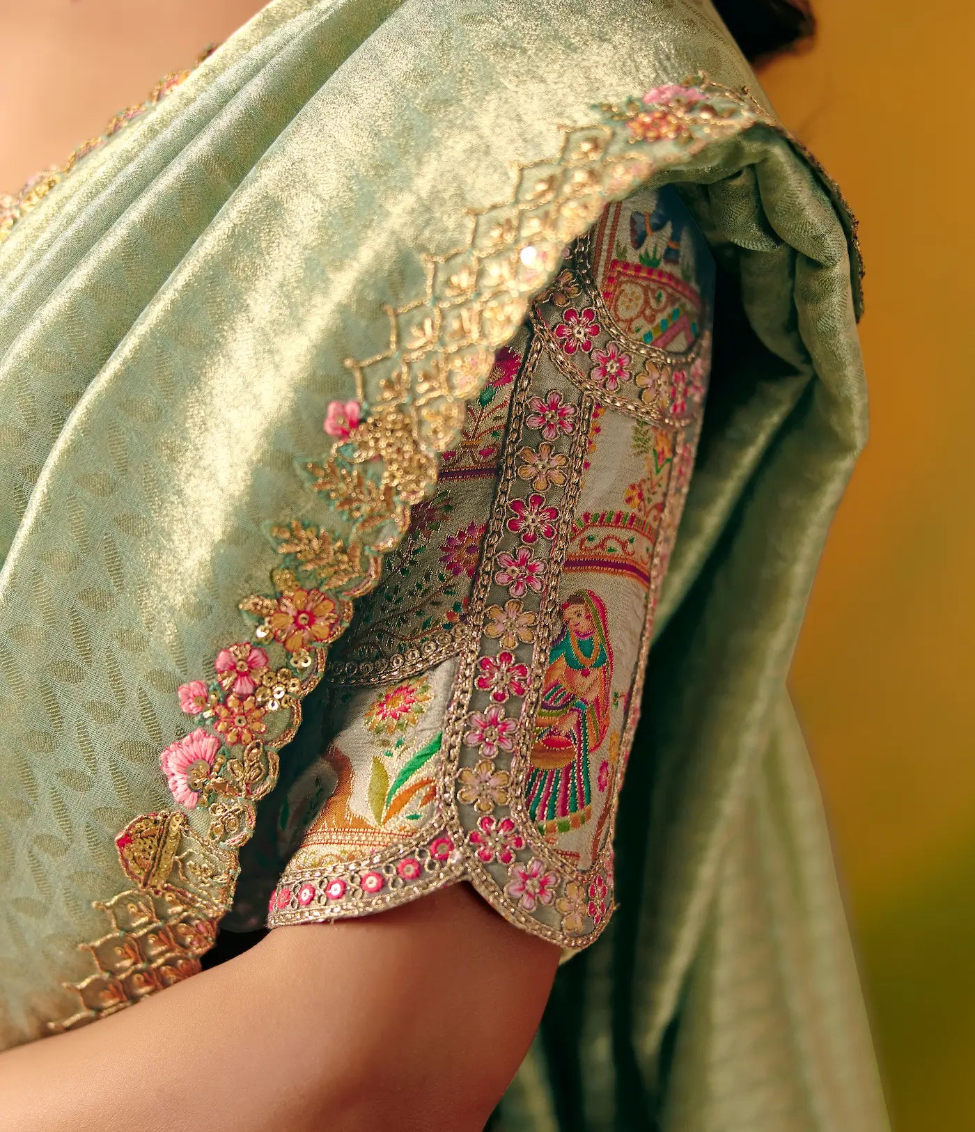 Tea Green Zari Silk Embroidery Saree