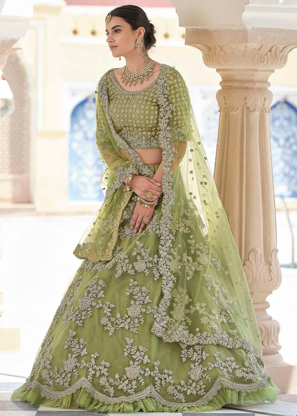Olive Green Soft Net Lehenga Choli with Dori & Sequins work | Ready To Wear - qivii