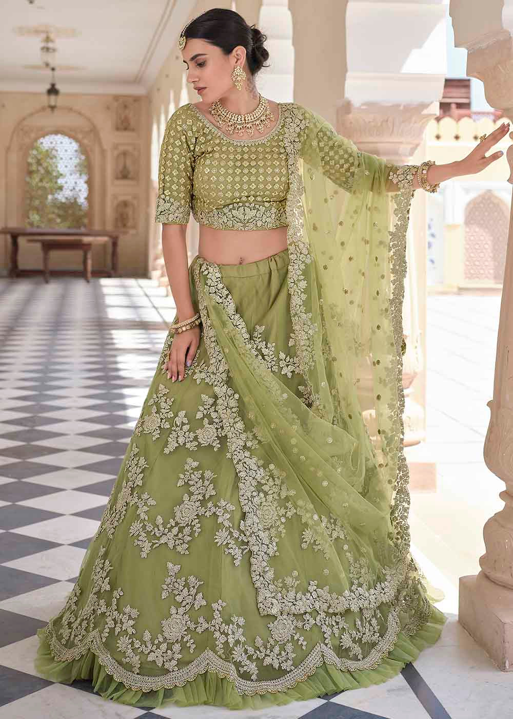 Olive Green Soft Net Lehenga Choli with Dori & Sequins work | Ready To Wear - qivii