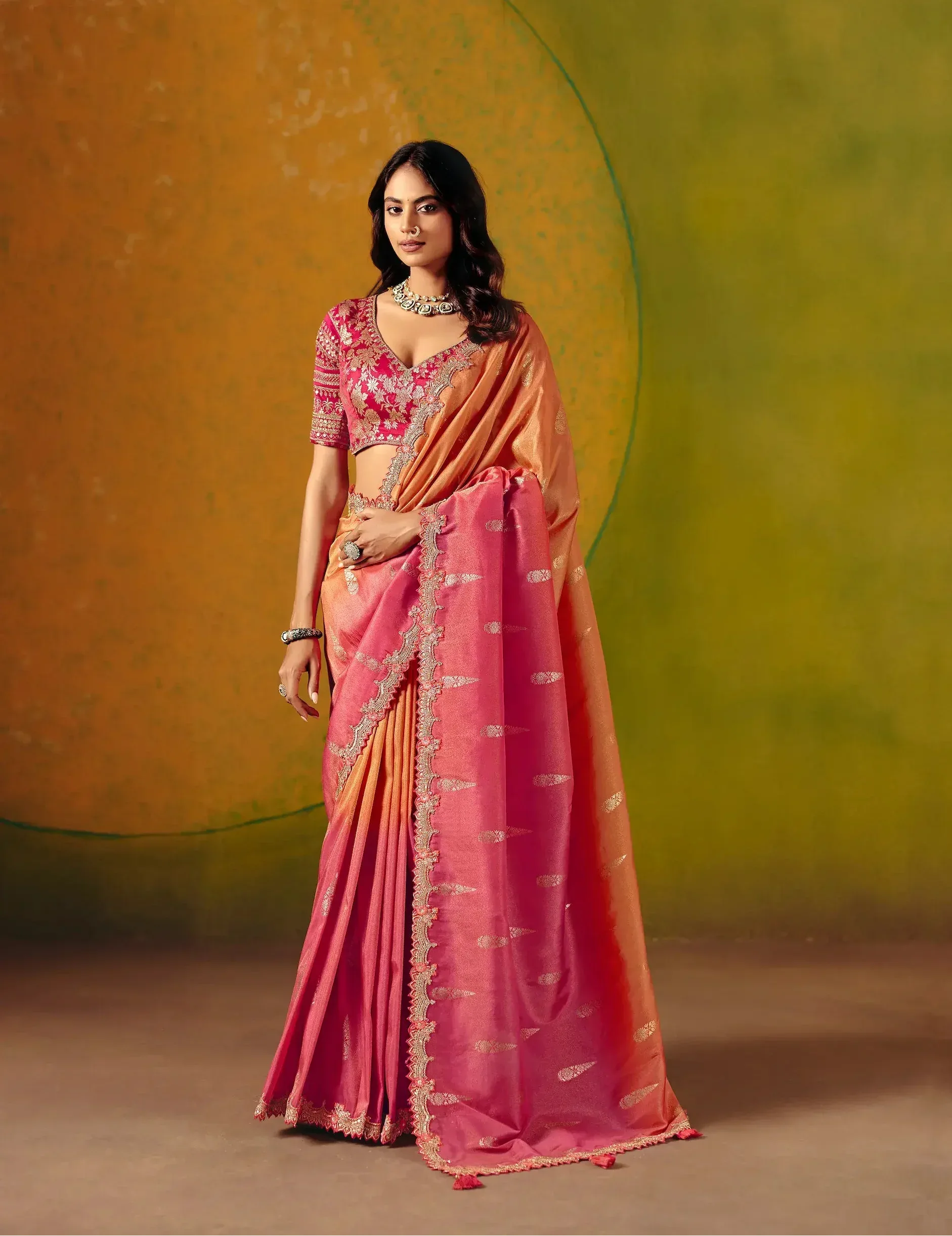 Pink-Orange Zari Silk Embroidery Saree