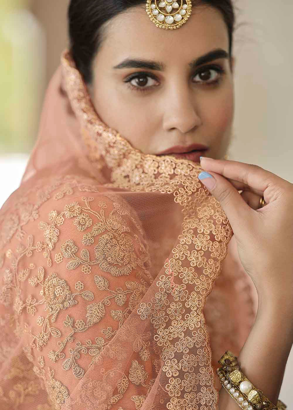 Peach Pink Soft Net Lehenga Choli with Dori & Sequins work | Ready To Wear - qivii