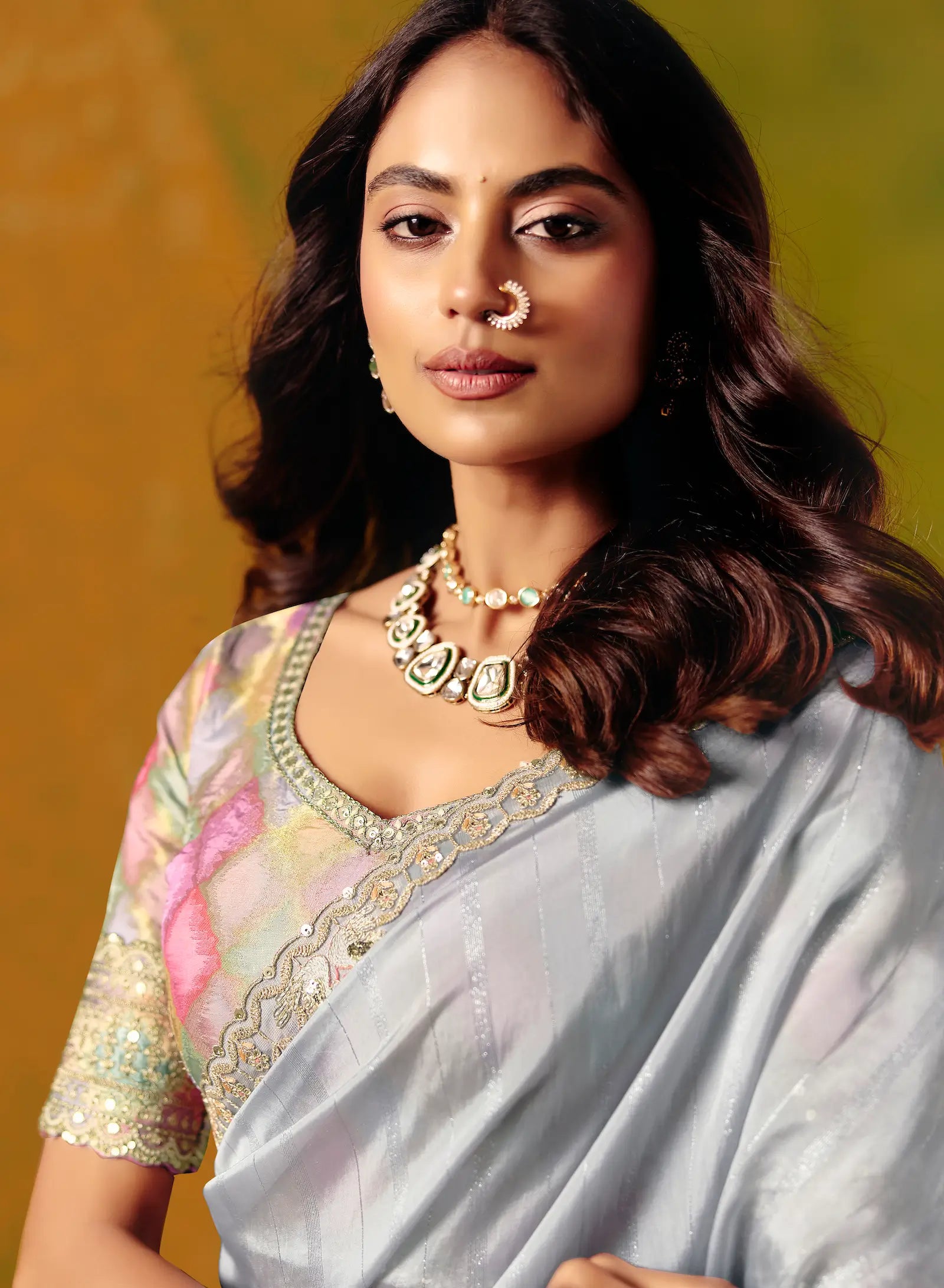 Silver Grey Zari Silk Embroidery Saree