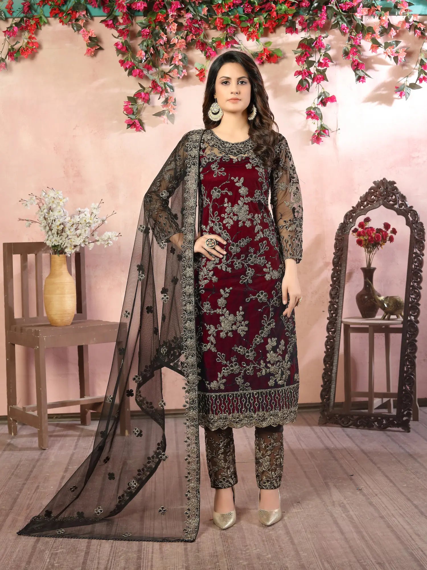 Maroon Net Thread & Sequence Embroidery Work Salwar Suit - qivii