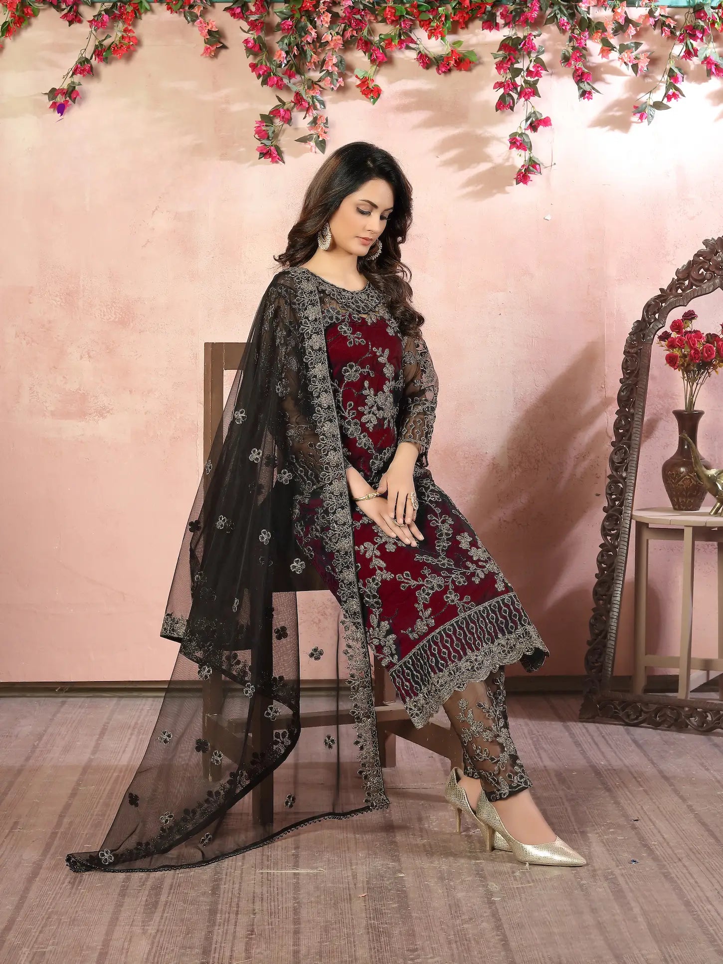 Maroon Net Thread & Sequence Embroidery Work Salwar Suit - qivii