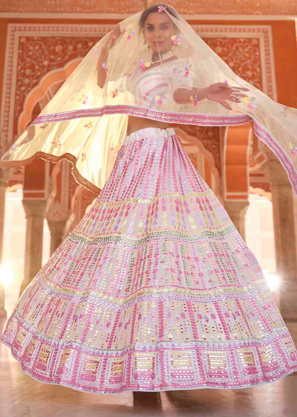 Pearl White Organza Lehenga Choli with Thread & Gota work | Ready To Wear - qivii