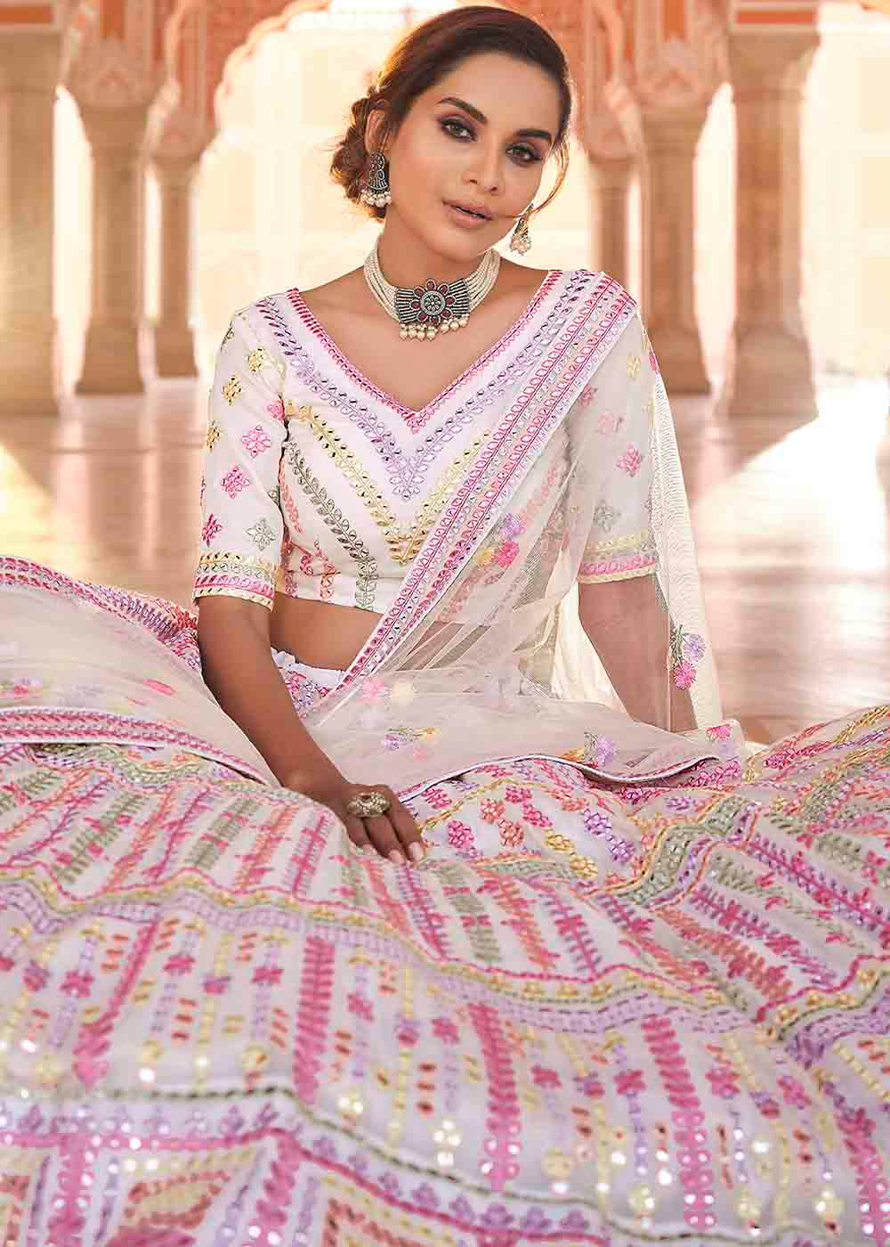 Pearl White Organza Lehenga Choli with Thread & Gota work | Ready To Wear - qivii