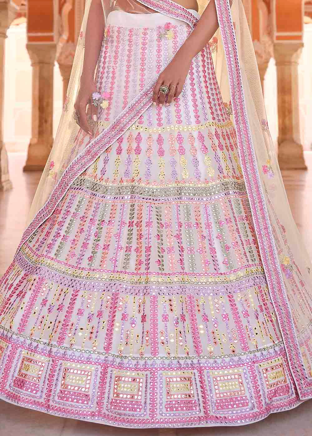 Pearl White Organza Lehenga Choli with Thread & Gota work | Ready To Wear - qivii