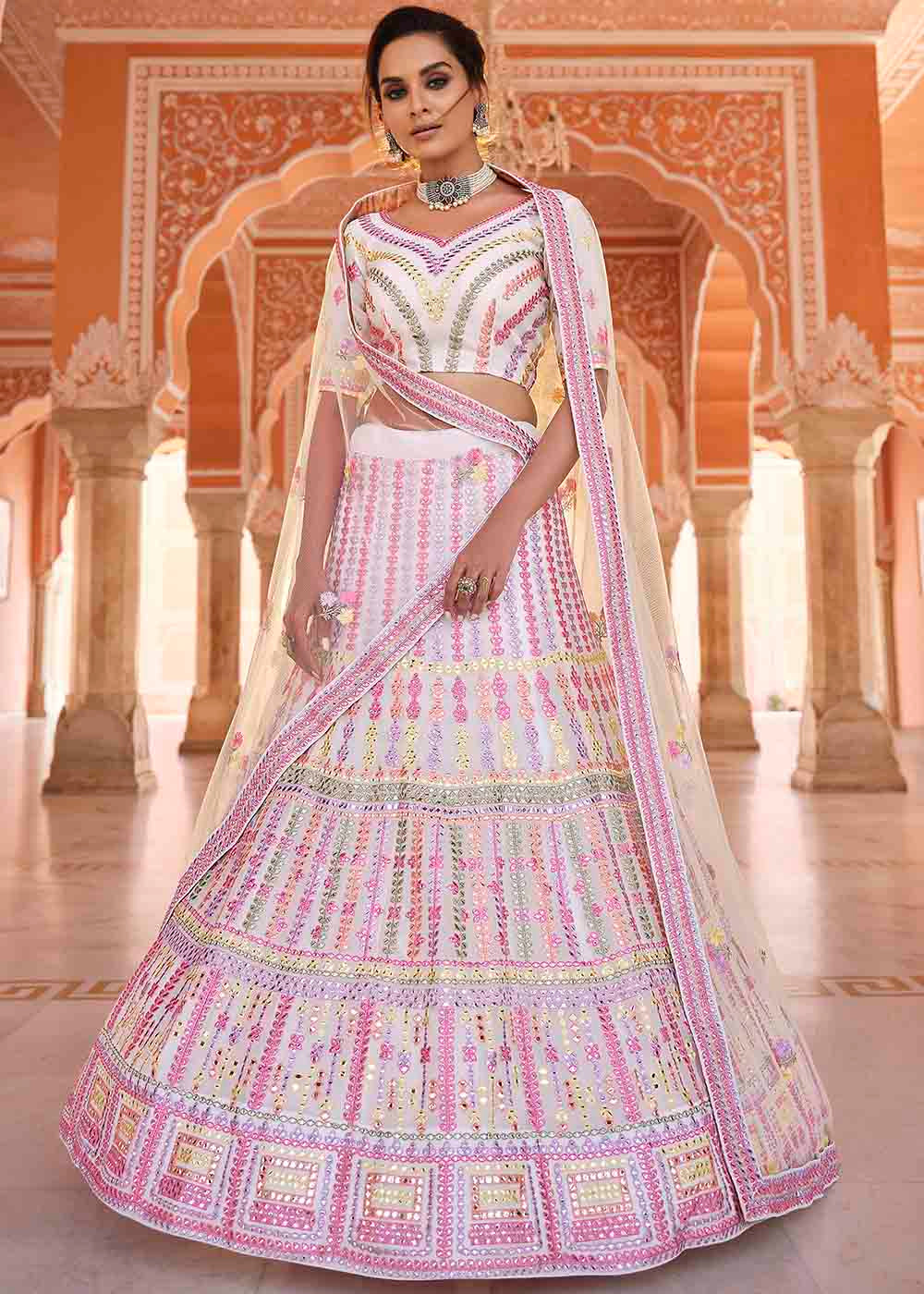 Pearl White Organza Lehenga Choli with Thread & Gota work | Ready To Wear - qivii