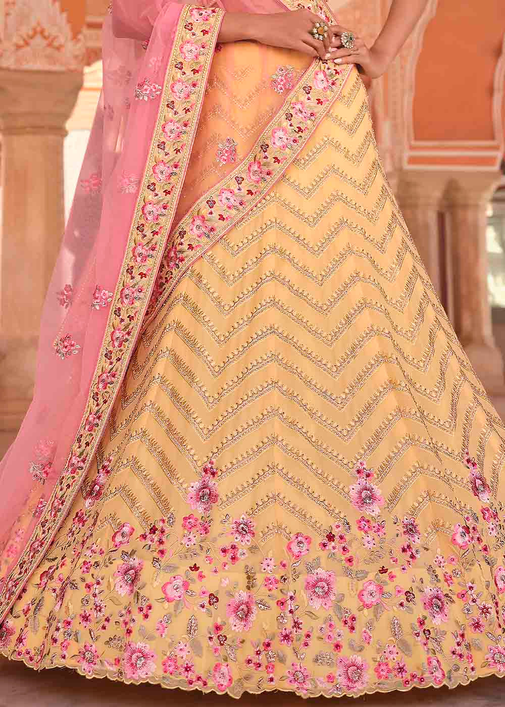 Light Yellow Georgette Lehenga Choli with Zarkan, Zari & Thread work | Ready To Wear - qivii