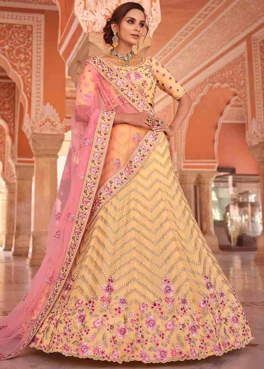 Light Yellow Georgette Lehenga Choli with Zarkan, Zari & Thread work | Ready To Wear - qivii
