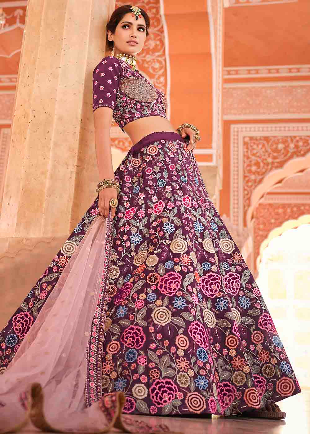 Rasin Purple Crepe Lehenga Choli with Thread, Zarkan & Sequins work | Ready To Wear - qivii