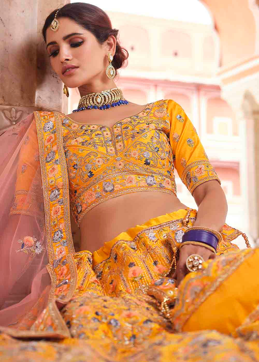 Chrome Yellow Crepe Lehenga Choli with Swarovski, Sequins & Dori work | Ready To Wear - qivii