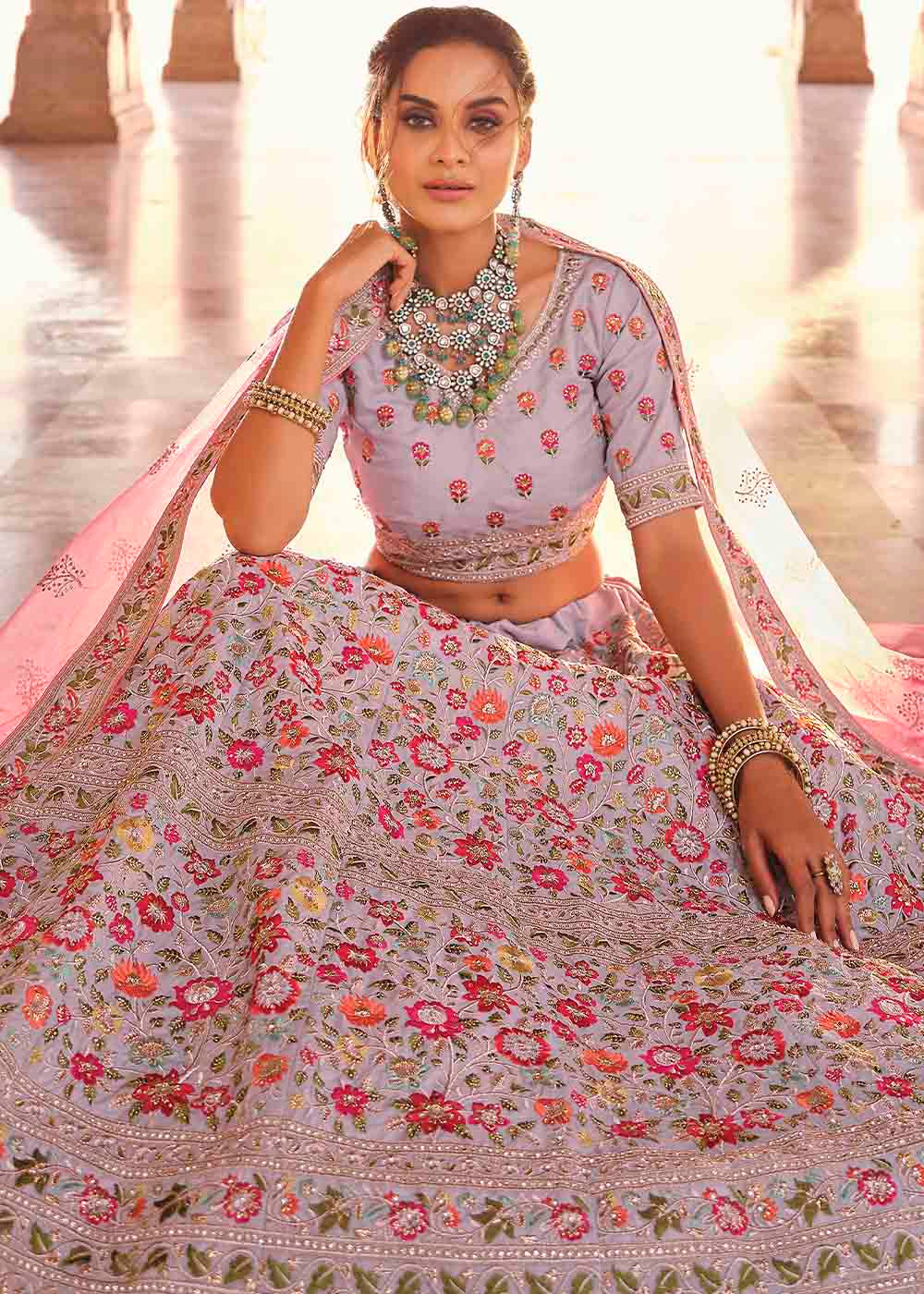 Coin Grey Crepe Lehenga Choli with Thread, Zarkan & Zari work | Ready To Wear - qivii