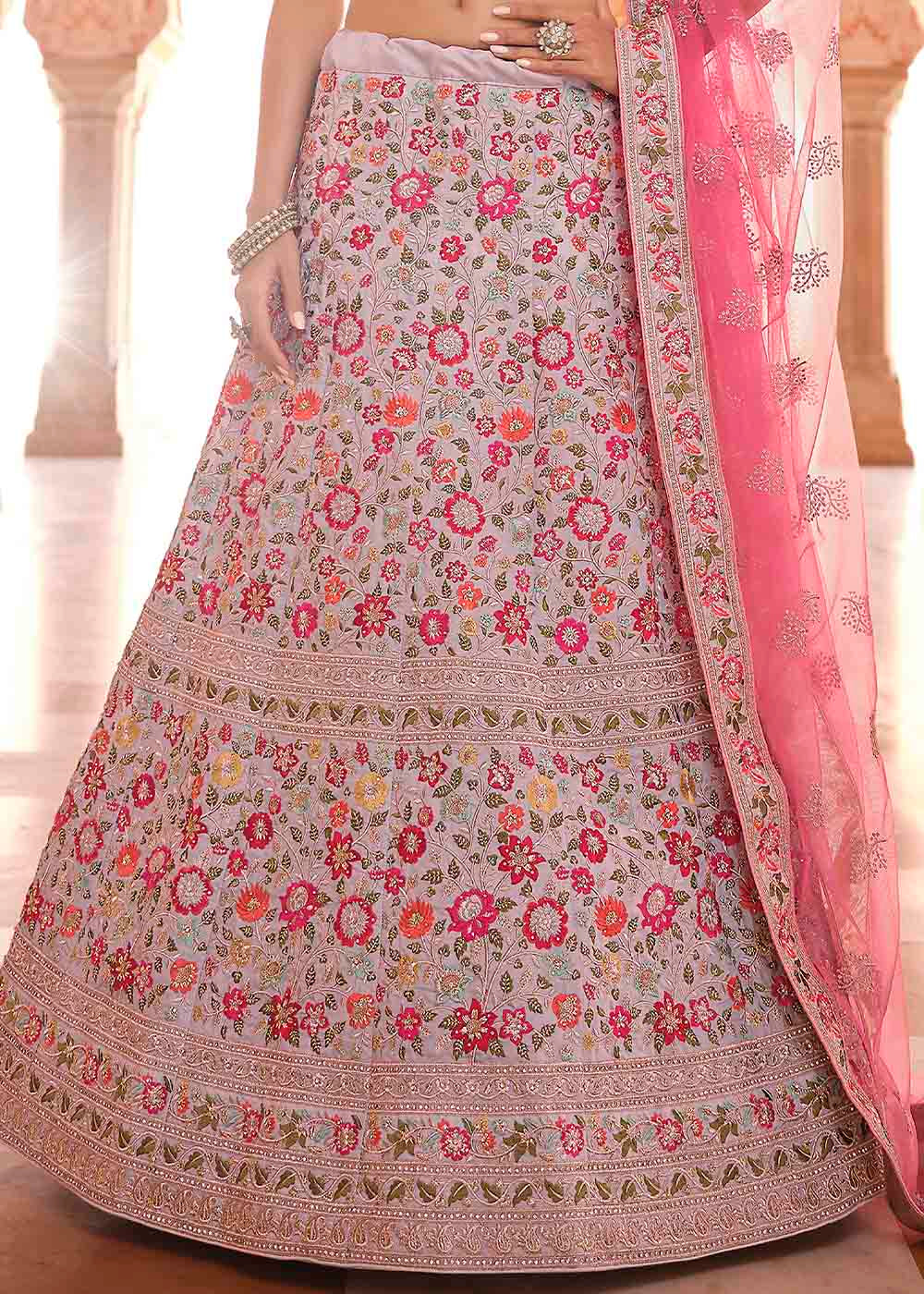 Coin Grey Crepe Lehenga Choli with Thread, Zarkan & Zari work | Ready To Wear - qivii