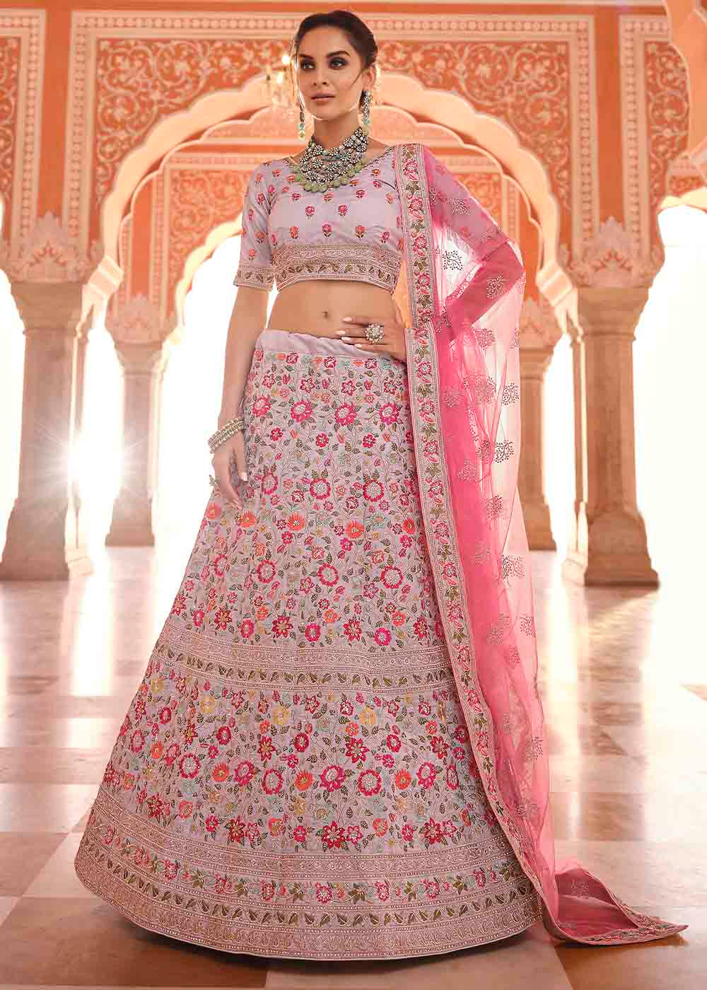 Coin Grey Crepe Lehenga Choli with Thread, Zarkan & Zari work | Ready To Wear - qivii