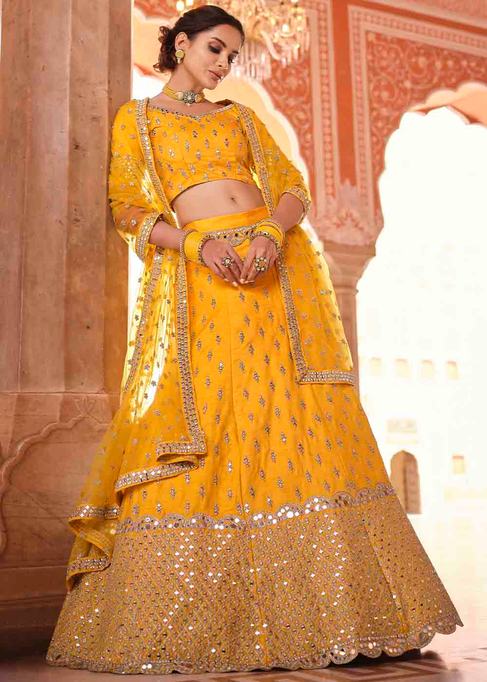 Bright Yellow Art Silk Lehenga Choli with Real Mirror & Zari work | Ready To Wear - qivii