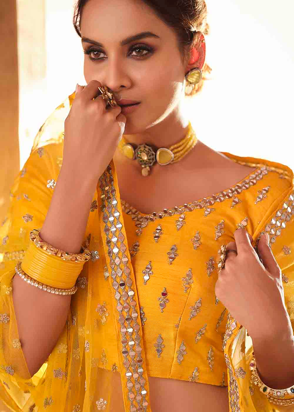 Bright Yellow Art Silk Lehenga Choli with Real Mirror & Zari work | Ready To Wear - qivii