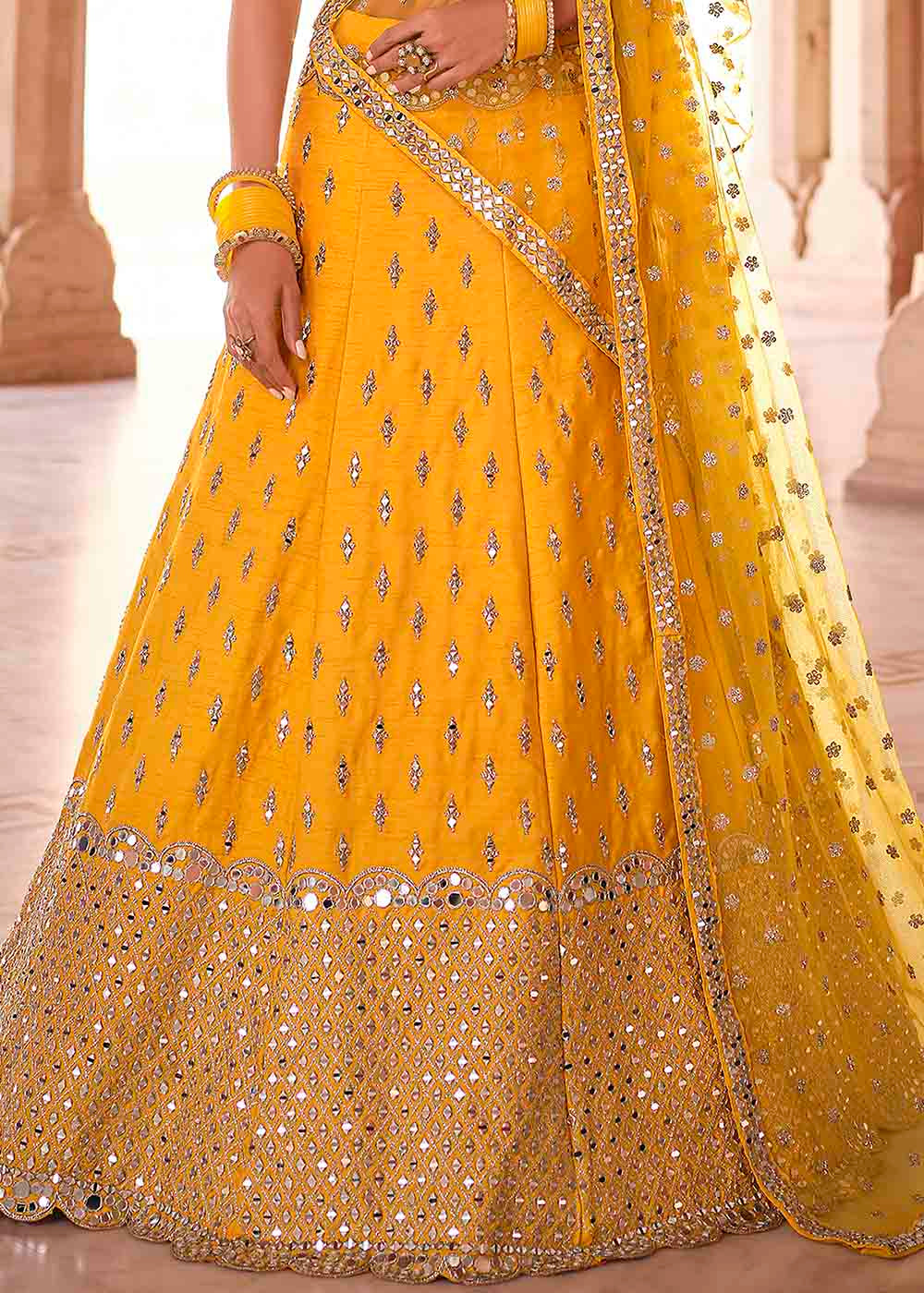 Bright Yellow Art Silk Lehenga Choli with Real Mirror & Zari work | Ready To Wear - qivii