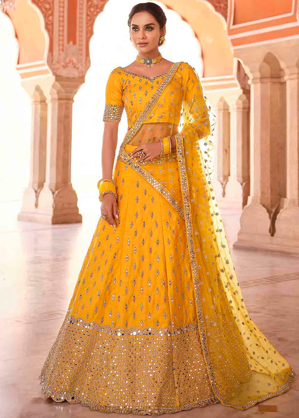 Bright Yellow Art Silk Lehenga Choli with Real Mirror & Zari work | Ready To Wear - qivii