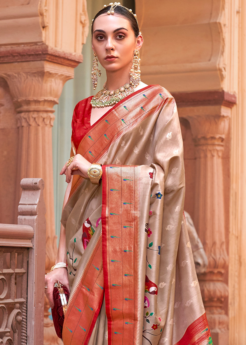Red & Brown Paithani Silk Saree - qivii