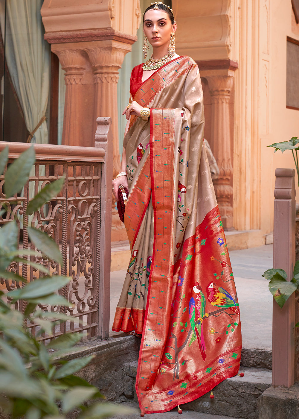 Red & Brown Paithani Silk Saree - qivii