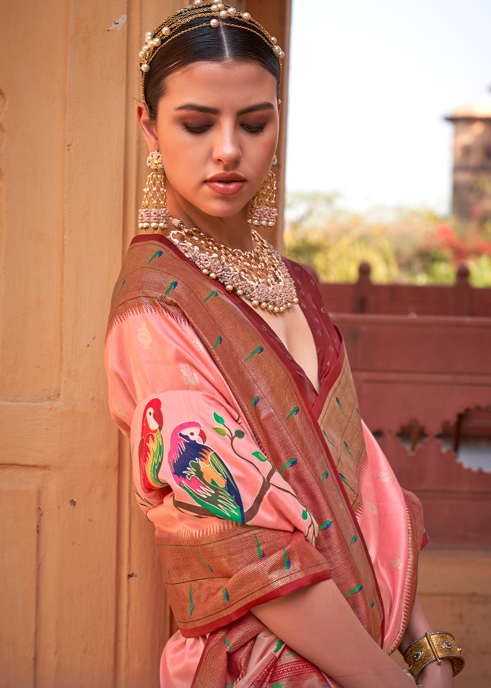 Brown & Pink Paithani Silk Saree - qivii