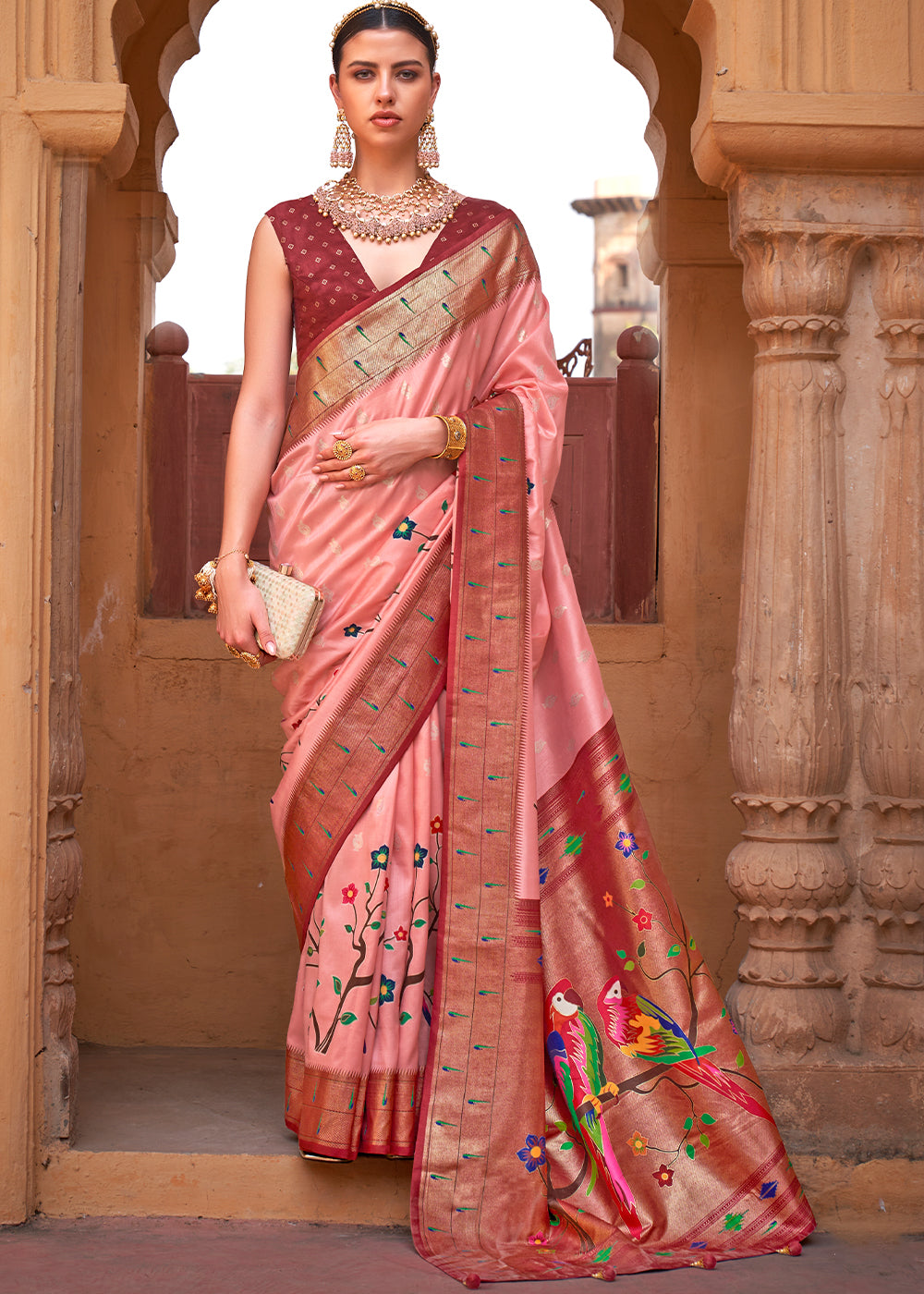 Brown & Pink Paithani Silk Saree - qivii