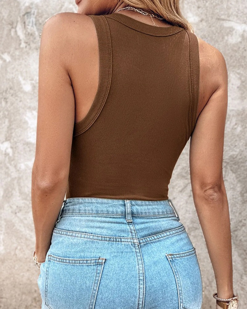 Round Neck Ribbed Tank Top Built In with Bra Padded - By Qivii