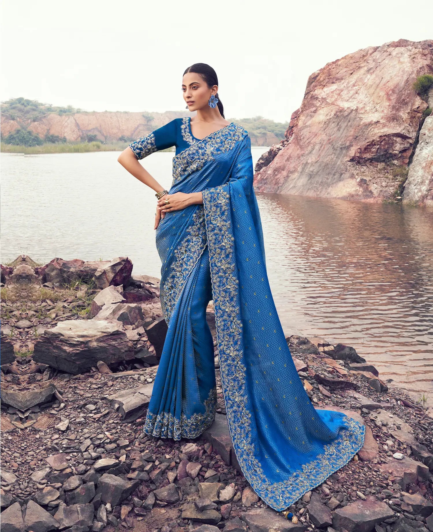 Royal Blue Silk Heavy Embroidery & Hand Work Saree