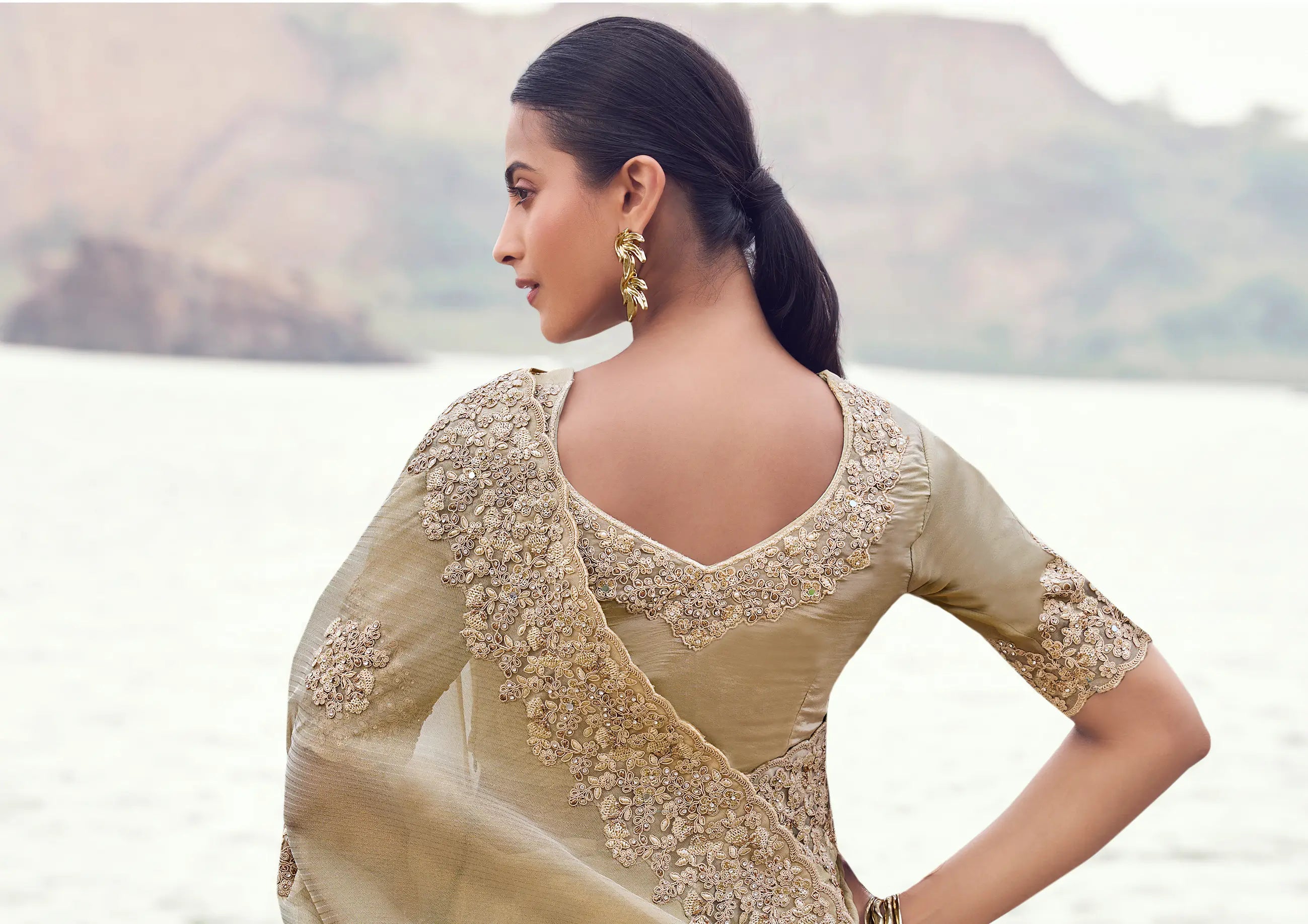 Almond Beige Silk Heavy Embroidery & Hand Work Saree